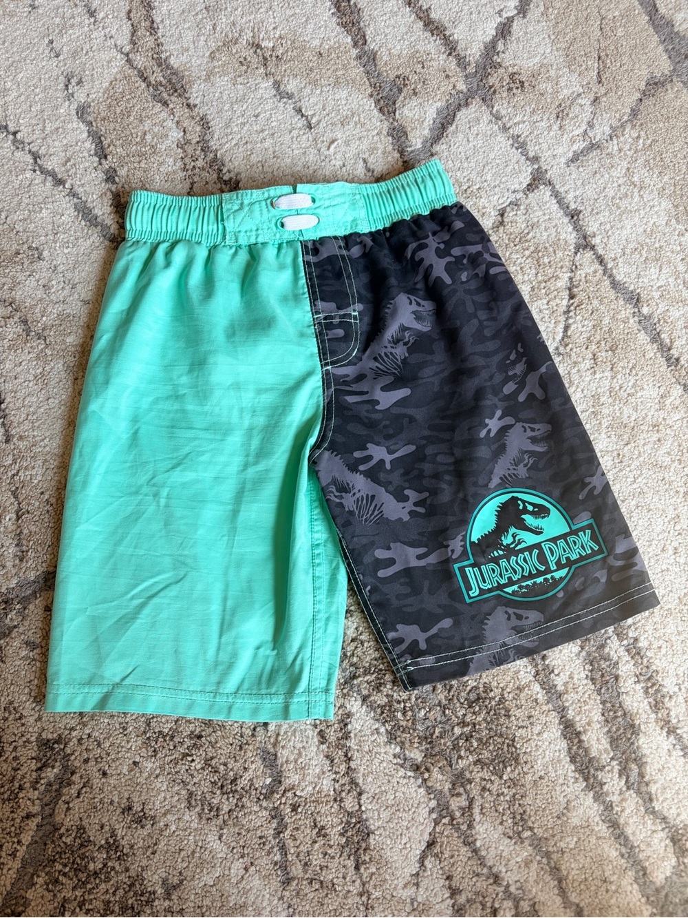 Jurassic Park Kids' Two-Tone Aqua & Black Camo Swim Trunks w/ Invisible Dinosaur